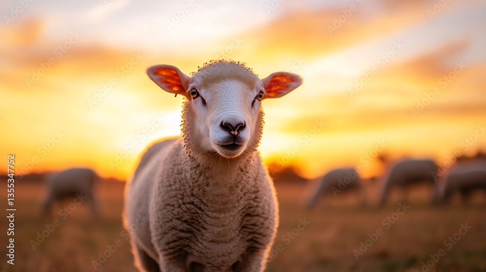 Poster Content sheep standing against a stunning sunset in an open field : Generative AI