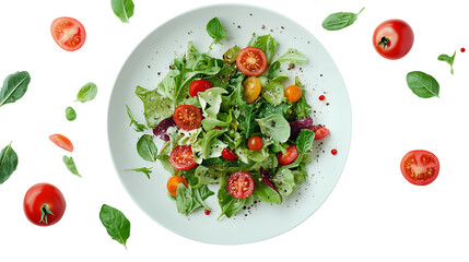 Overhead View of a Fresh Green Salad with Cherry Tomatoes on White Plate, PNG