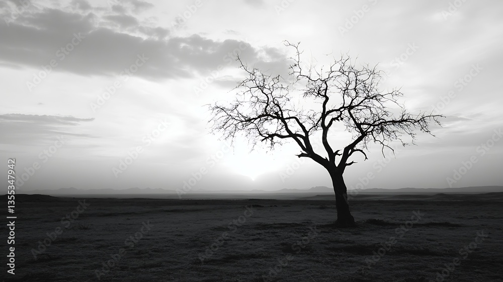 Poster lonely leafless tree silhouetted against a monochrome sunset sky in a vast open landscape : generati