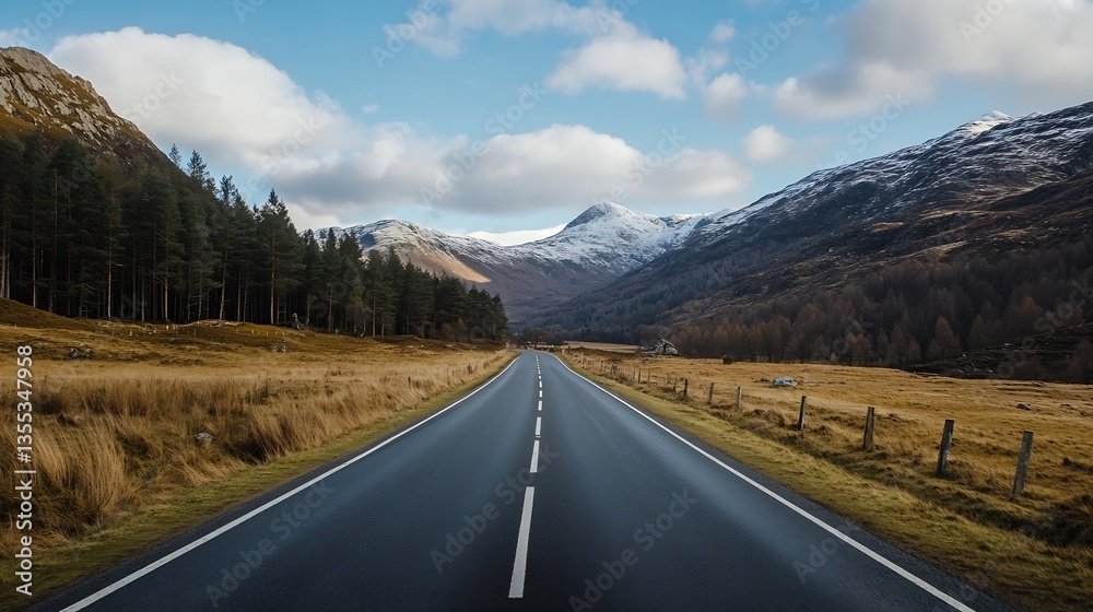 Poster majestic empty road leading into the mountains with snowcapped peaks in the background : generative 