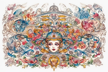 Obraz premium complex and colorful ornament made in the Art Nouveau style. In the center of the composition is a woman’s face with an expression of calm and grandeur, 