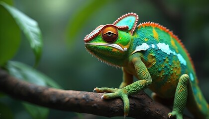 Vibrant green chameleon on branch in natural habitat. Reptile, colorful skin, camouflage. Exotic wildlife creature with unique eye, tropical rainforest environment. Beautiful nature scene.