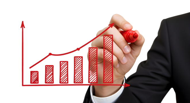 Businessman hand drawing red business growth graph isolated on transparent background, cut out, ai generated - Powered by Adobe
