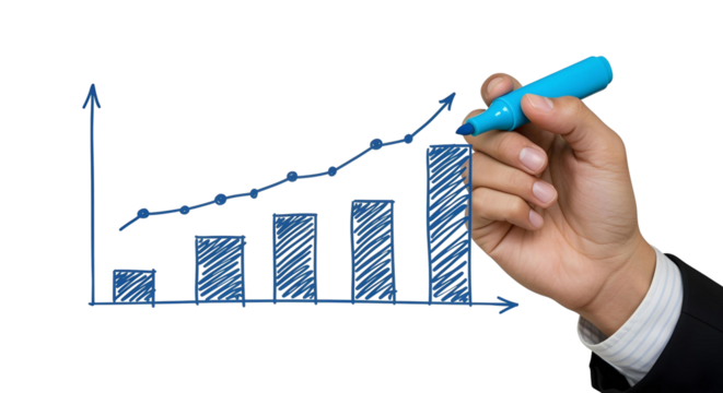 Businessman hand drawing blue business growth graph isolated on transparent background, cut out, ai generated