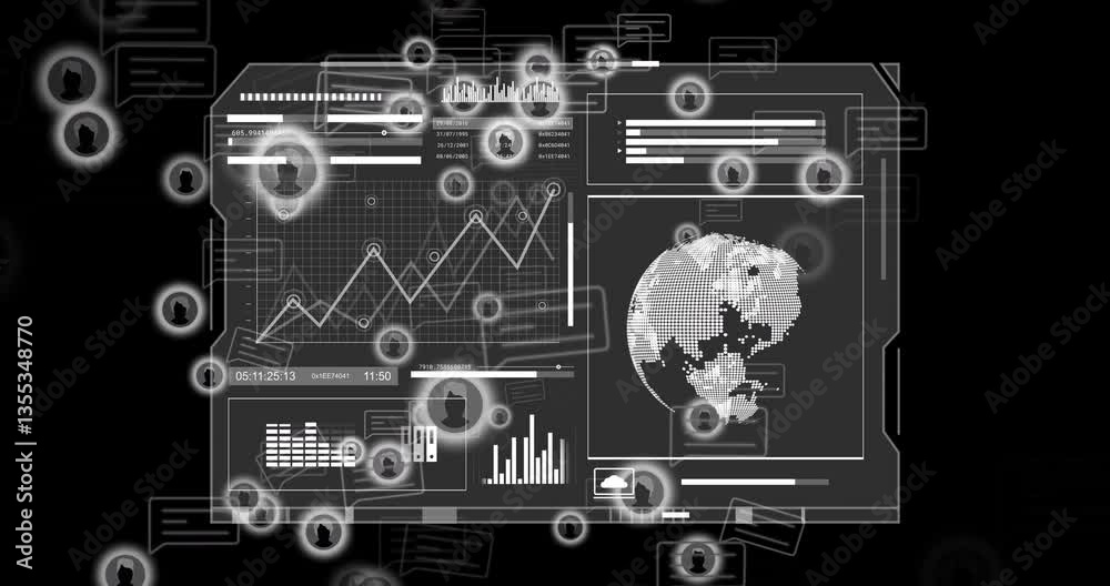 Poster analyzing digital data with animation on global network connections in school setting