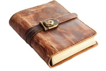 Leather-bound notebook with a vintage clasp isolated on white background