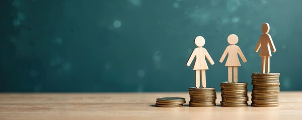 Wooden figures stand on coin stacks. Salary, financial growth, income inequality, career, business, finance, money, investment, profit, success. Job promotion, career ladder, compensation,