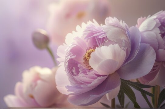 Soft pink peonies in full bloom with delicate petals and golden centers on a pastel background. Perfect for floral, romantic, wedding, or spring-themed designs