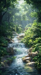 Sunlight streams through lush forest, cascading mountain stream