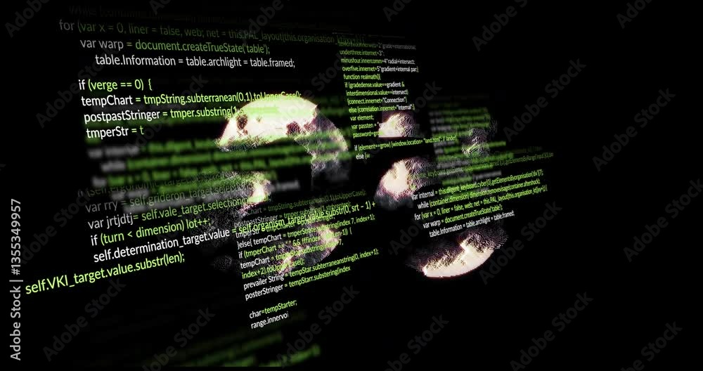 Poster computer code overlaying rotating planet earth animations on black background
