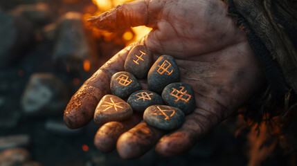 Obraz premium Close-up of a shamanâs hand holding rune stones, the symbols catching the flickering firelight.