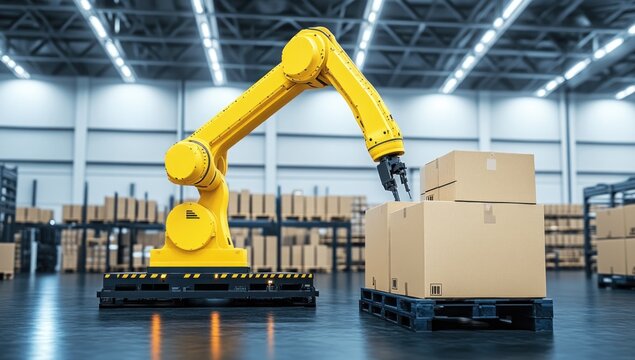 Yellow Robotic Arm Moving Boxes in a Warehouse