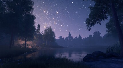 A serene night landscape featuring a starry sky over a calm lake surrounded by trees.