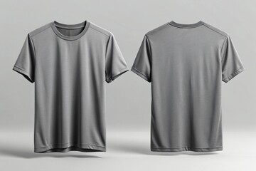 Front and back perspectives of plain grey T shirts on a clean background,Gray T-Shirt Mockup, Front and Back Views,Front and back gray polo shirt mockup,Blank gray t shirt template for mock up design.