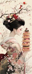 Obraz premium Geisha holding a tower of decorated donuts