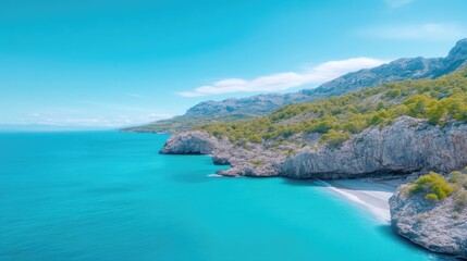 Obraz premium Pristine coastal scenery. Turquoise waters meet dramatic cliffs and lush greenery. A secluded beach is nestled within the rocky coastline