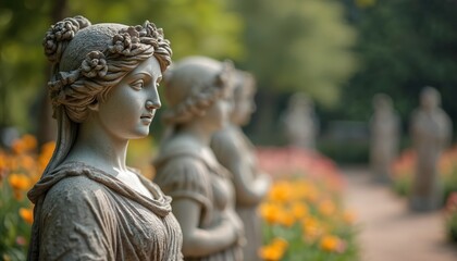 Fototapeta premium Stone statues of women in the garden. Antique statues with flowers in hair, ancient art, Roman or Greek style. Architecture, sculpture. Decor for urban landscape design. European culture.