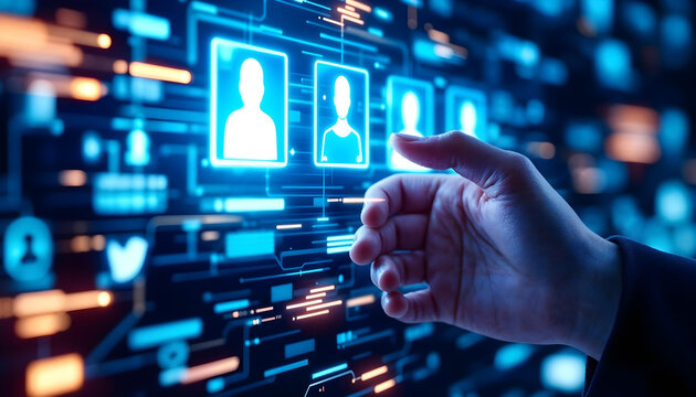 Cybersecurity concept, digital padlock icons, hand touching virtual interface, blue glowing technology background