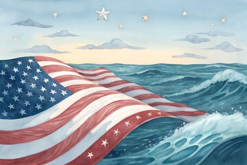 a unique watercolor painting where the American flag on the sea
