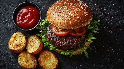 Juicy beef burger with sesame bun, tomato, arugula, ketchup, and roasted potato wedges on dark background.