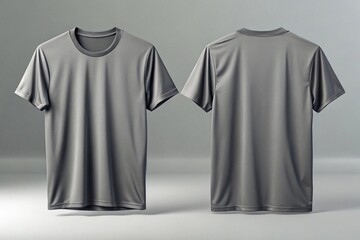 Front and back perspectives of plain grey T shirts on a clean background,Gray T-Shirt Mockup, Front and Back Views,Front and back gray polo shirt mockup,Blank gray t shirt template for mock up design.
