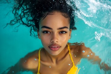 Attractive and hot happy mixed-race young woman in yellow tight t-shirt enjoying turquoise sea, splashes around her. Bright &Ntilde;ommercial style. Happy stress-free getaway idea art.