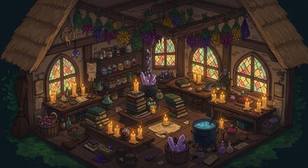 Obraz premium Isometric View of a Cottage Interior Featuring Magic and Ritual Items