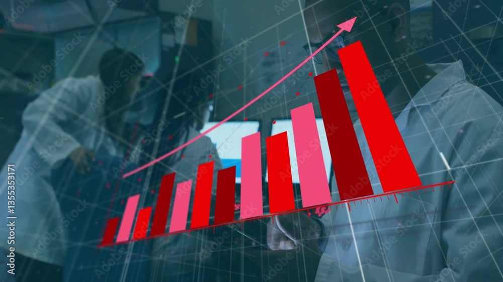 Aufkleber animation of red bar graph with upward arrow in laboratory with scientists working