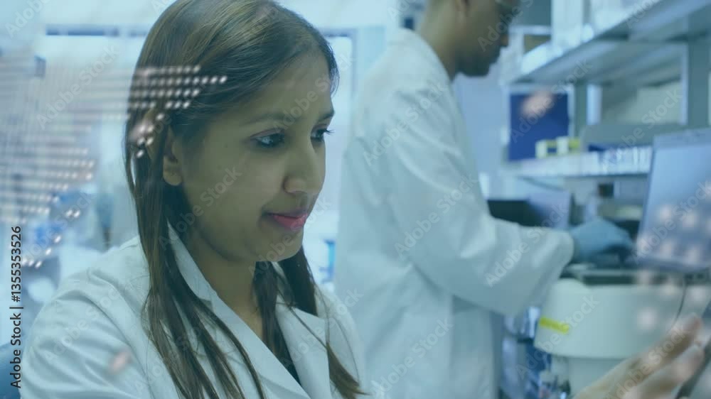 Poster in laboratory, scientists working with digital data overlay in animated scene