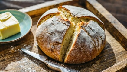 Freshly Baked Soda Bread with Butter Captured Overhead on Rustic Tray in Soft Irish Morning Kitchen Light