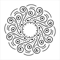 Hand drawn sun with swirling beams in doodle style. Abstract sun with curved waves and decorative twirls isolated on white background. Concept of sun as warmth, energy, and creativity in artistic ink