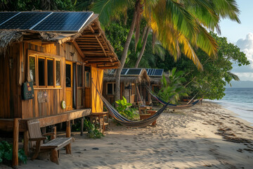 Naklejka premium Morning serenity at a peaceful eco-resort by the river's edge