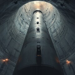 Atomic bomb in a silo, towering and imposing, dramatic lighting highlighting its sleek metallic surface, tense and photorealistic, ultra-HD