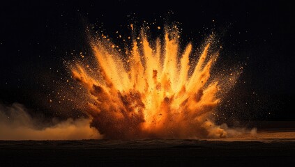 Powerful explosion of orange dust against a black night sky.  A dynamic burst of orange particles erupts from a central point, spreading outwards