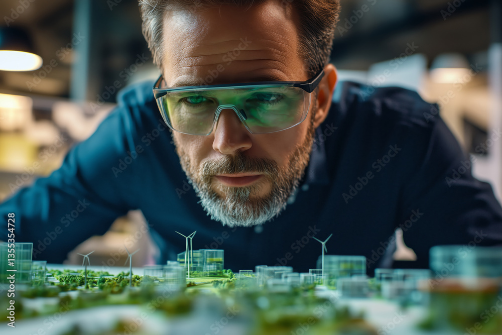 Poster architect examines innovative design model with smart glasses in modern studio