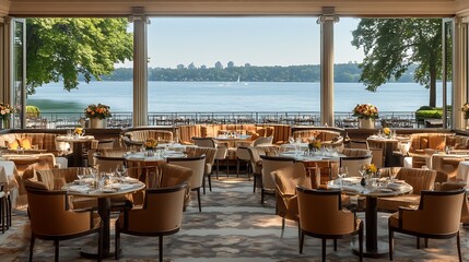 The interior of a restaurant with a view of the water