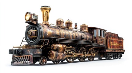 Naklejka premium Vintage Steam Locomotive with Polished Brass Details, Large Headlamp, Intricate Wheels, and Detailed Smokestack – Dynamic Side Angle, Isolated on White Background