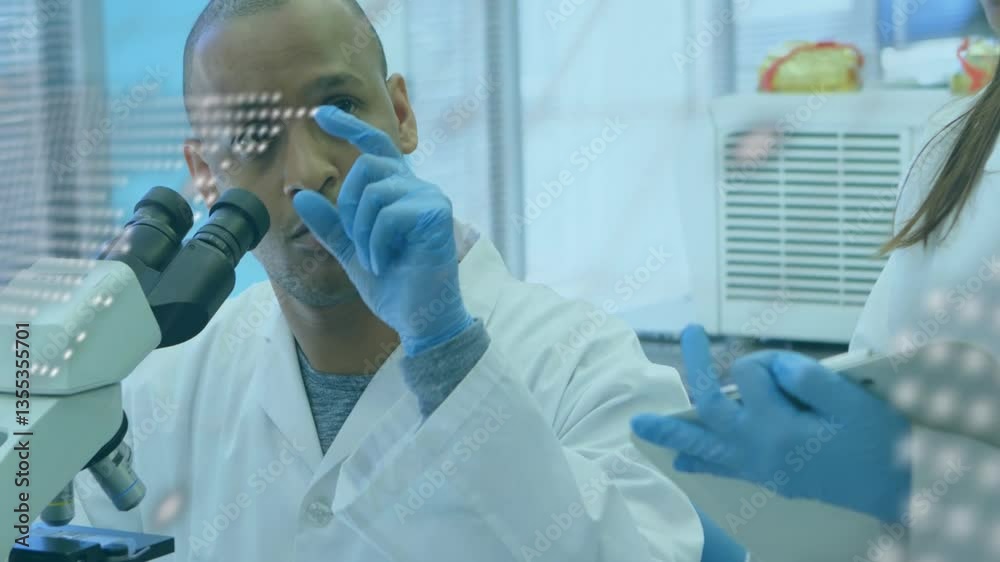 Poster examining data overlay, scientist working with microscope in laboratory animation