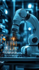 Fototapeta premium Automated robotic arm welding in a factory