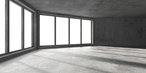 Modern minimalist interior with large windows and concrete floors. 3d render.
