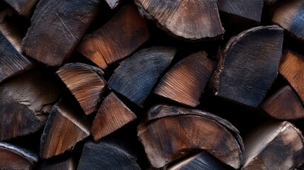 Fototapeta premium Stacked firewood. Close-up view of neatly stacked wood pieces, various shades of brown and dark gray. Natural textures and patterns are evident on the wood