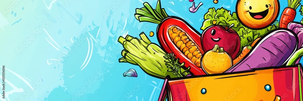 Poster groceries joyfully jumping into a vibrant shopping bag filled with assorted fresh produce in bright 