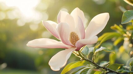 Fototapeta premium Close up of a blooming magnolia flower with soft pink and white petals gently illuminated by natural sunlight