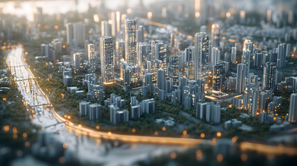 A self-learning AI system interacting with a digital city, creating virtual buildings, and optimizing resource usage for energy conservation.