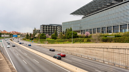 Modern office buildings, headquarters of multinational companies next to the M40 road in Madrid