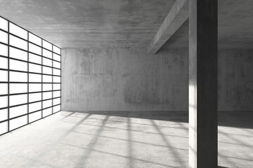 Minimalist industrial interior with concrete walls and large windows. 3d render.