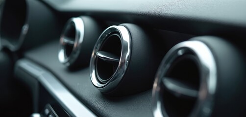 Fototapeta premium Car air conditioning system vents on dashboard. Auto interior design, modern vehicle, luxury cockpit, climate control detail. Automobile air conditioning with ventilation.