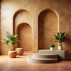Serene Display: A minimalist interior design features elegant archways, platforms, and potted plants, creating a harmonious and inviting atmosphere, perfect for showcasing products.