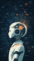 Futuristic robot thinking, digital data explosion, in space