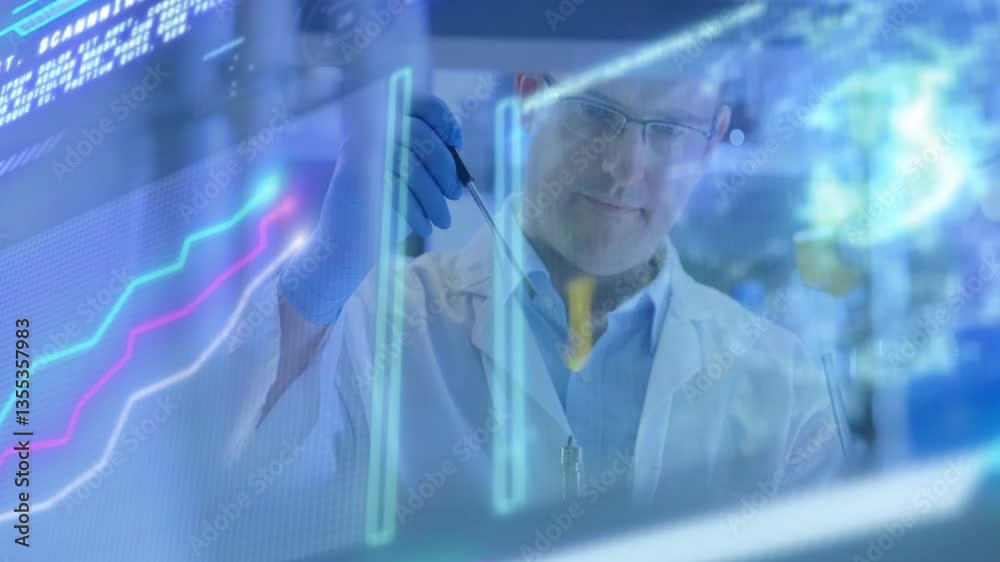 Poster analyzing data with graphs and charts overlay, scientist working in laboratory